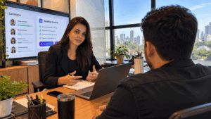 Recrutadora e candidato em entrevista de perfil comportamental no recrutamento e seleção com apoio de tecnologia