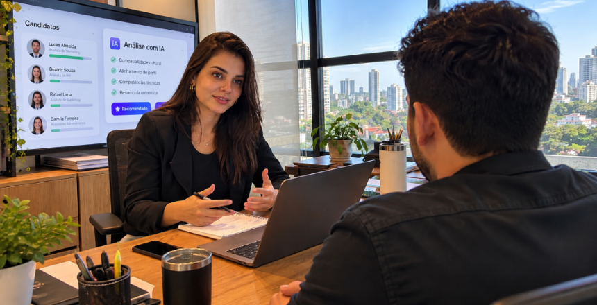 Recrutadora e candidato em entrevista de perfil comportamental no recrutamento e seleção com apoio de tecnologia